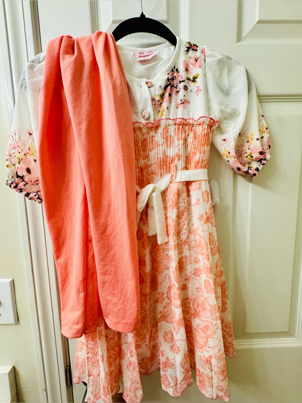 Girls' Floral Coral & White Dress with Coral Leggings